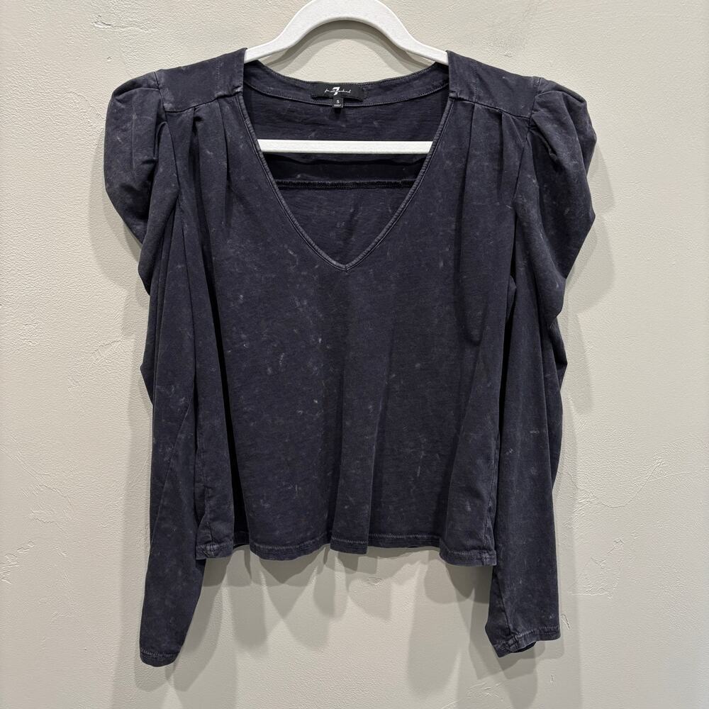 7 For All Mankind Puff Shoulder Long Sleeve Top in Black Grey - Size: Small